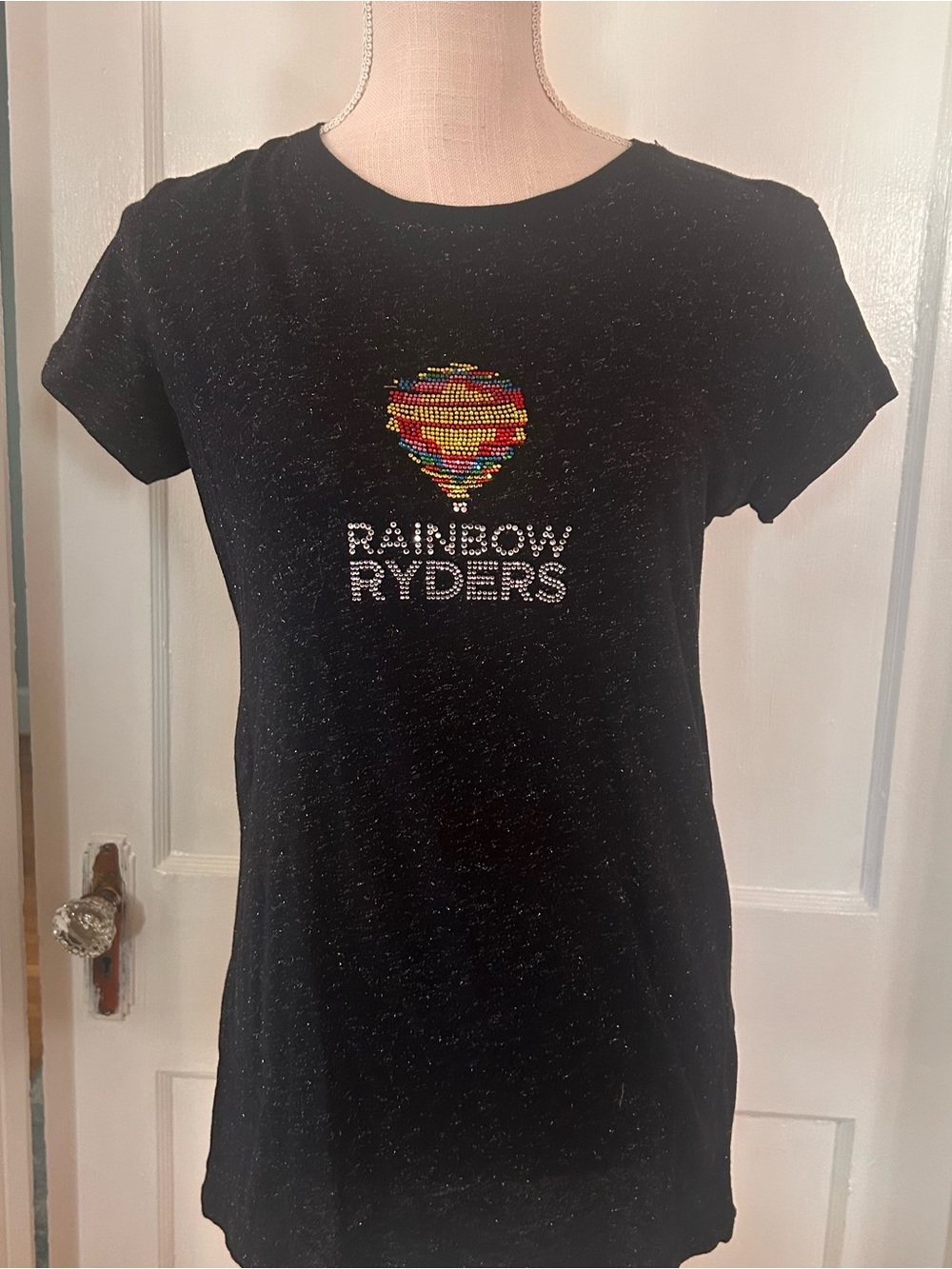 Womens Rainbow Ryders Black Rhinestone Logo Tee size large